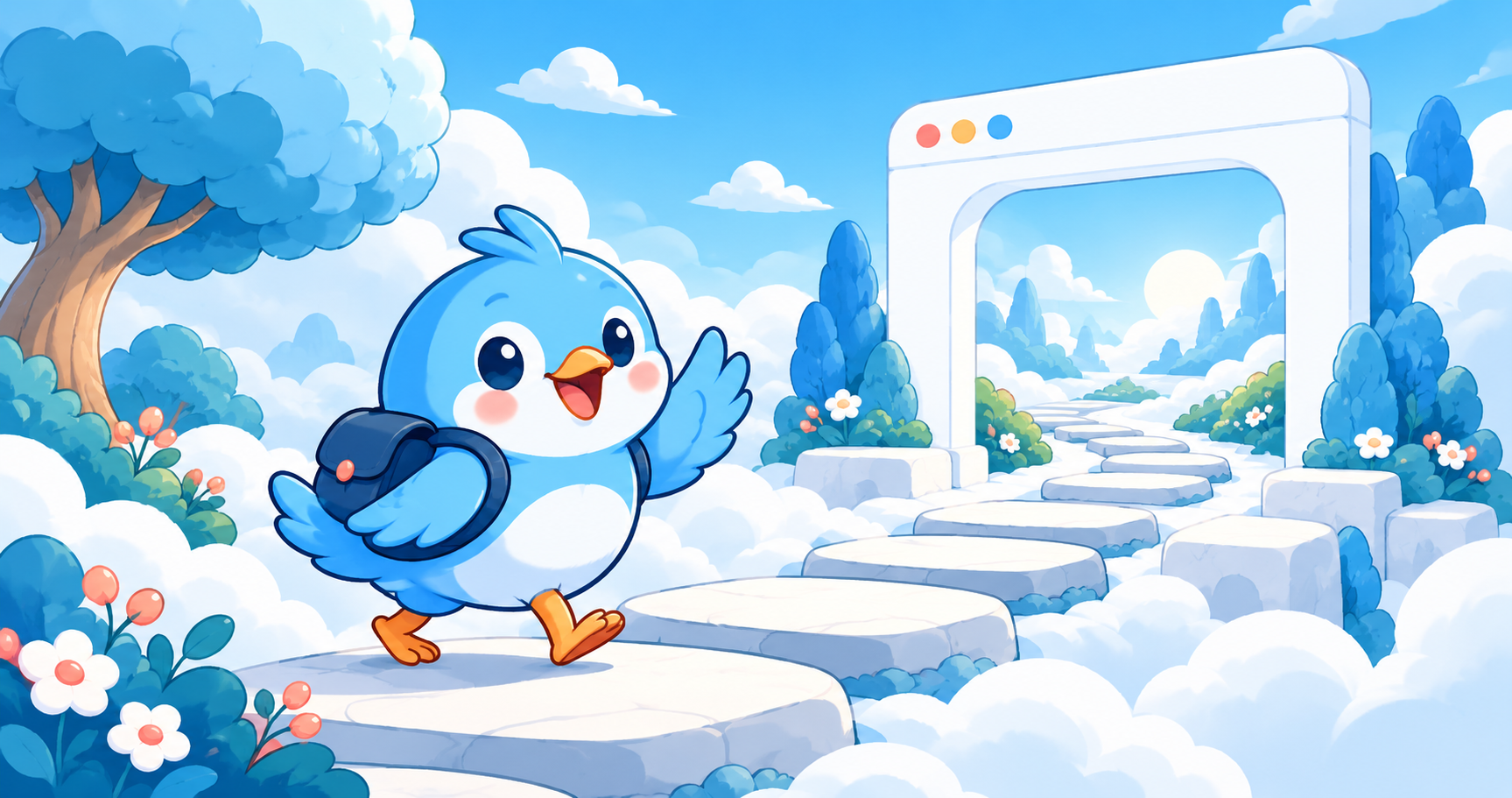 A cheerful blue bird waving in a bright cloud park.